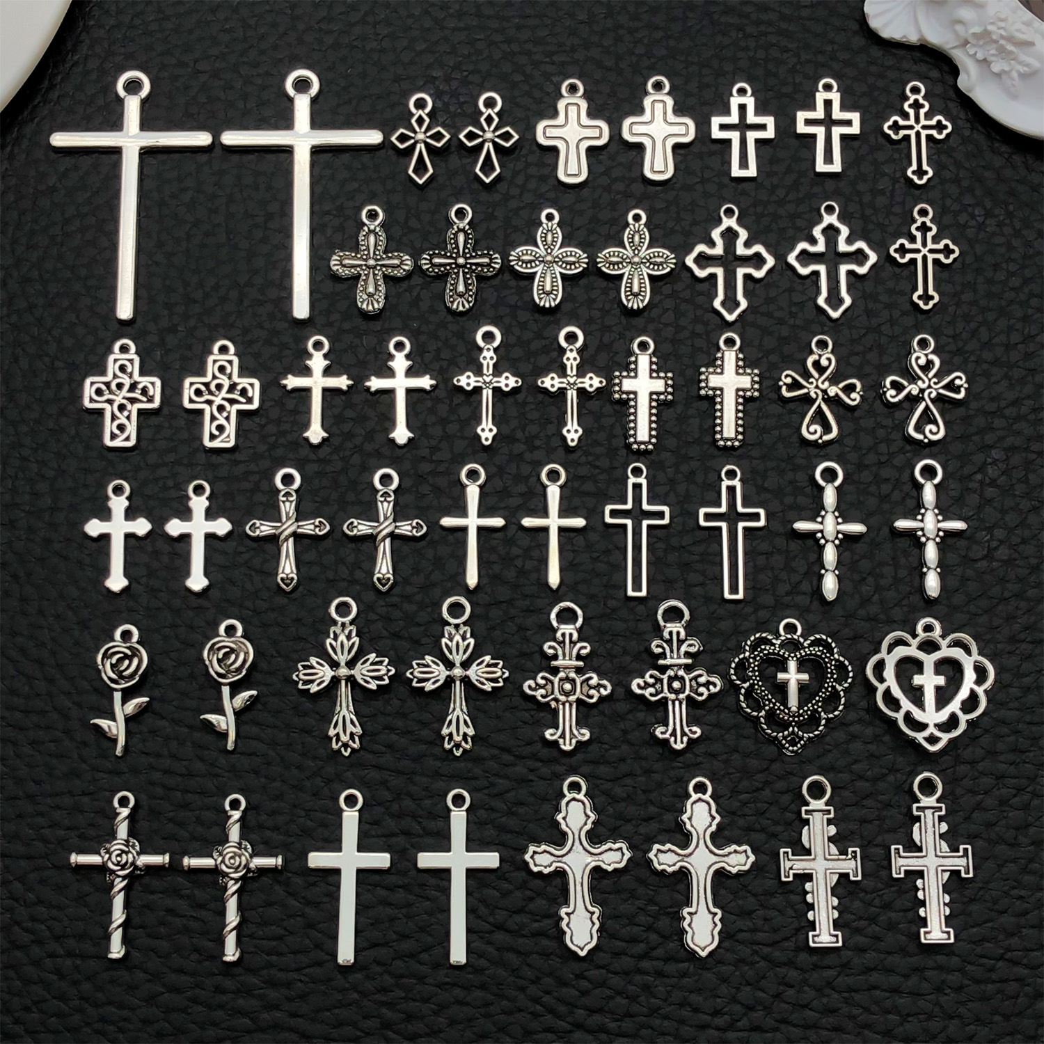 Jewelry Making Online - 52pcs Assorted Cross Pendants (Antique Silver/Black)